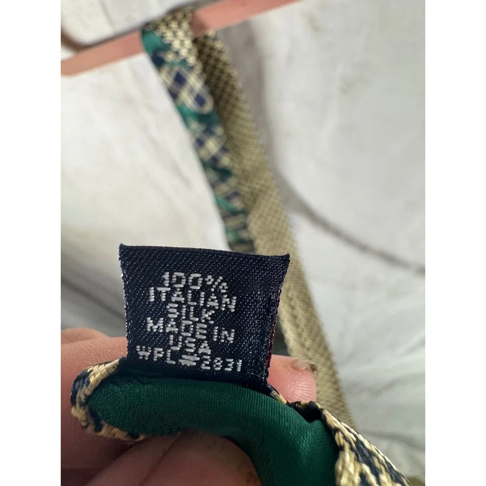 Tommy Hilfiger Mens Green Navy Gold Plaid Italian Silk Necktie Made in USA